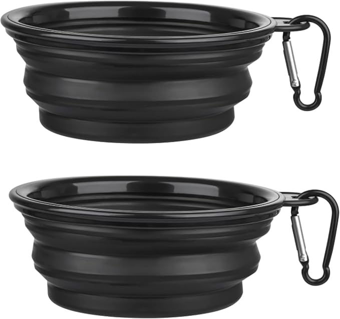 Dog Bowl Pet Collapsible Bowls, 2 Pack Collapsible Dog Water Bowls for Cats Dogs, Portable Pet Feeding Watering Dish for Walking Parking Traveling with 2 Carabiners (Large, Black+Black)