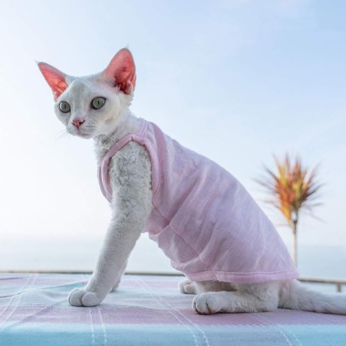 Hairless Cats Solid Cotton Camisole, Breathable Summer Tank Tops for Sphynx, Cornish Rex, Devon Rex, Peterbald, Cat Wear Hairless Cat Clothes Soft Skin-Friendly Cats Apparel Assorted Colors and Sizes