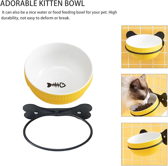 Suspension Style Ceramic Pet Bowl Set with Tilted Design, Yellow Fishbone Pattern, Elevated Iron Frame Feeder for Cats and Puppies, Multi-Function Feeding and Watering Accessory