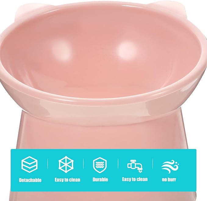 jojofuny Elevated Tilted Cat Food Bowl with Neck Guard, Food-Grade Plastic Raised Pet Feeder for Indoor Cats and Small Dogs, Cute Pink Slow Feeder Bowl for Feeding and Watering