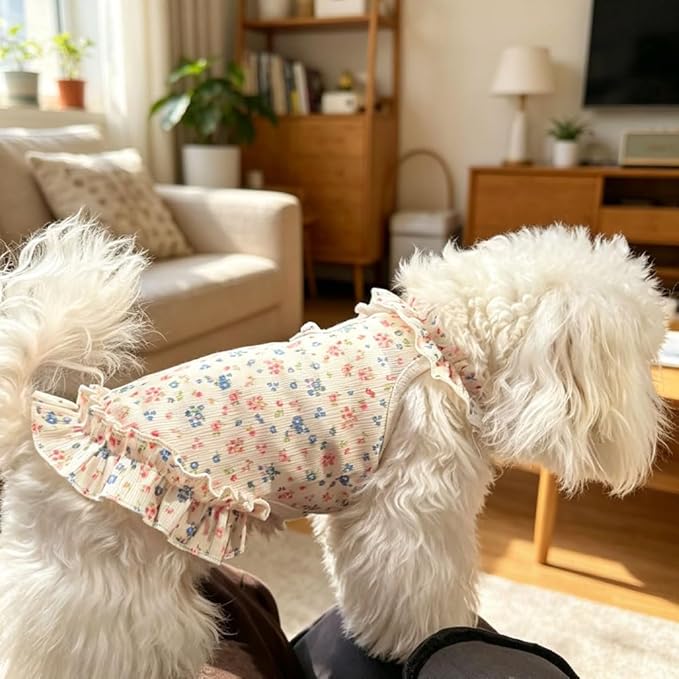 Dog Cat Cooling Summer Dress with D-Ring, Ice Silk Mesh Breathable Pet Clothes, Anti-UV Mosquito Proof, High Elastic Ruffle Dress & Half Belly Cover for Small Dogs Cats(Faint Yellow, Large)