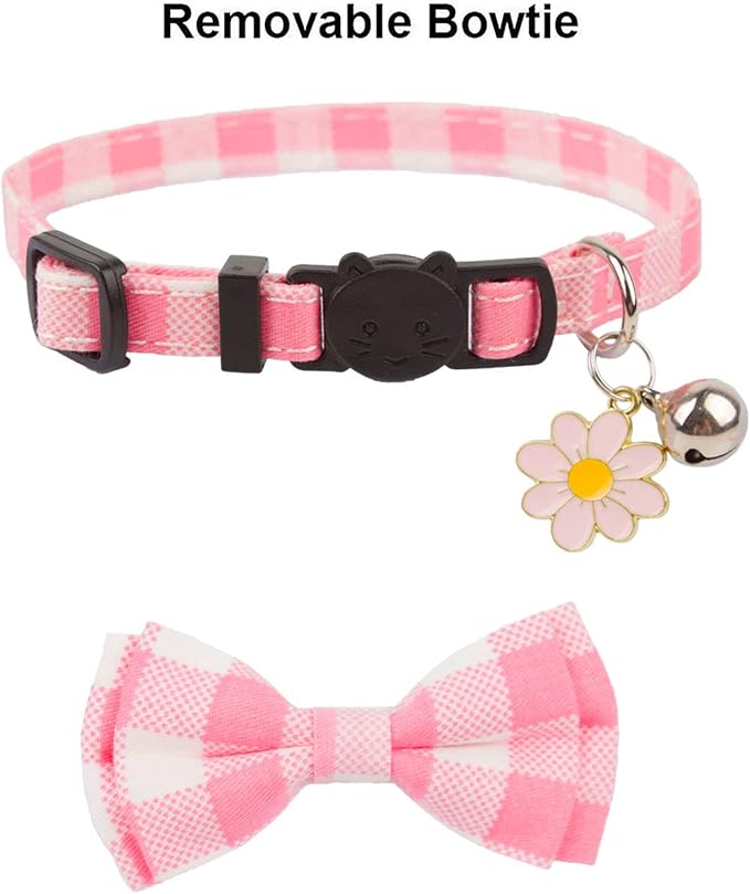 PTDECOR Pink Cat Collar Breakaway with Cute Bow Tie Bell Charm, Plaid Flower Cat Bowtie Collars for Cats Kittens (Pink)