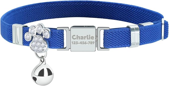 Personalized Safety Elastic Cat Collars with Bell,Laser Customized Stretch Kitten Collars for Girls Boys Cats-Royal Blue
