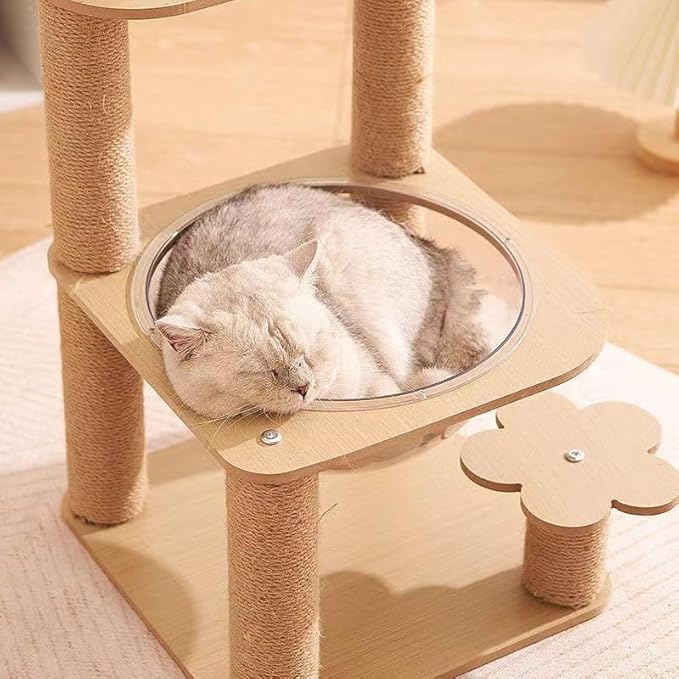 32IN Cat Tree with Clear Acrylic Bowl Bed, Multi-Level Cat Tower with Sisal Scratching Posts, Wooden Platforms and Hanging Toy, Indoor Cat Climbing Activity Furniture