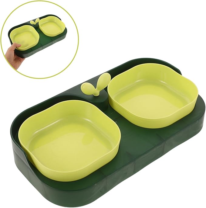 KOMBIUDA Cat Pet Bowl Double Feeding and Watering Bowl, Plastic Indoor Pet Food and Water Dish for Cats and Dogs, Sturdy Non-Slip Design, Moss Green, Suitable for Home Use