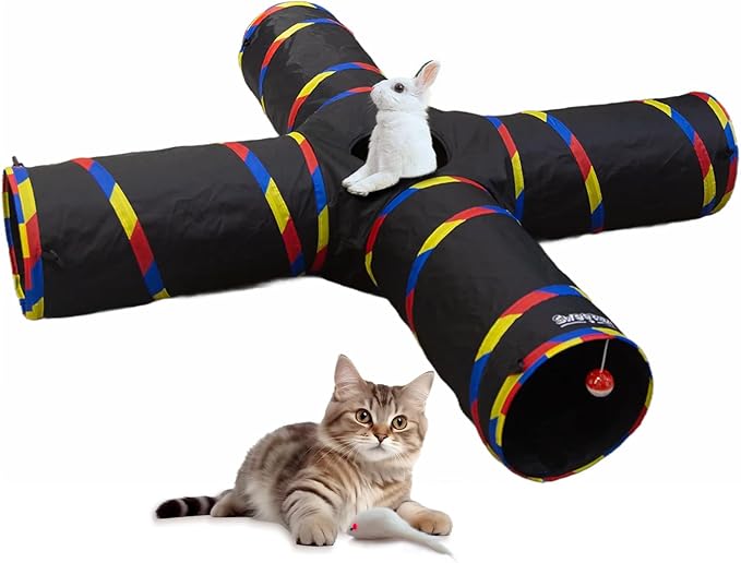 Cat Tunnels - 4 Way Cat Tunnel for Indoor Cats Play & Exploration (with Mouse Toy) - Collapsible Pop Up Tubes for Ferrets, Rabbits, and Small Dogs Fun