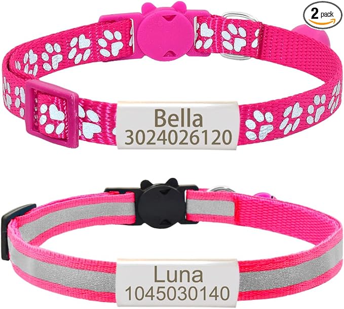 Personalized 2 Pack Reflective Cat Collar,Custom Breakaway Cat Collars with Name Tag and Bell,Anti-Lost Nameplate Cat Collar for Girls & Boys (Hot Pink,fit 8''-11.0'')