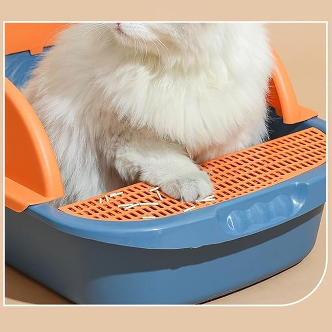 Pet Supplies, Splashproof Semi-Closed Cat Litter Box, Rectangle Pan for Cats(Blue,Medium)