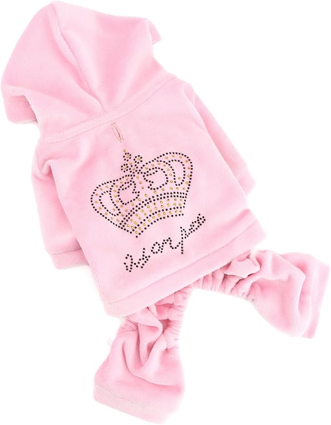Girl Dog Clothes for Small Dogs Cute Doggie Outfits Rhinestone Crown Stretchy Puppy Pajamas Soft Velvet Hoodie 4 Legged Jumpsuit Lightweight Pet Tracksuit Cat Apparel Leash Hole