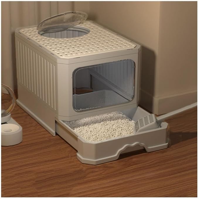 Pet Supplies, Enclosed Cat Litter Box with Lid & Scoop,Front Entry, Top Exit Design(Gray)