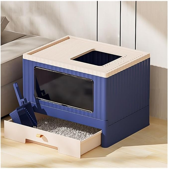 Pet Supplies, Foldable Cat Litter Box with Lid & Scoop,Top Entry Anti-Splashing Enclosed Toilet(Blue)