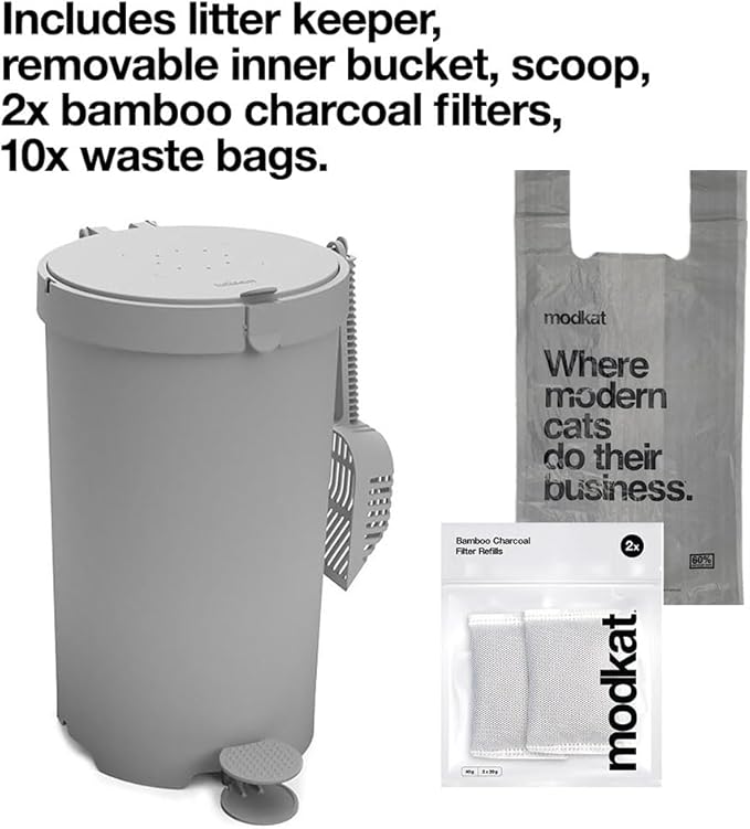 Modkat Premium Litter Keeper - Cat Litter Disposal (Includes Litter Scoop, 2X Bamboo Charcoal Filters, and 10x Recycled Waste Bags (White)
