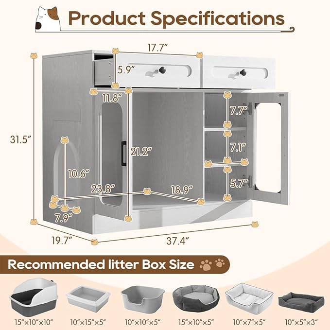 Cat Litter Box Enclosure Furniture with Glass Doors & LED Light, Large Hidden Litter Box Cabinet with Drawers and Adjustable Shelf, Modern Cat Litter Box Cover Side Entry for Living Room Bedroom,Gray