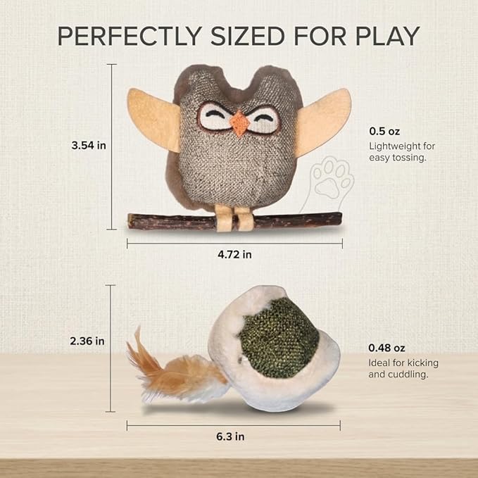 Tails & Tales Cat Toys Owls, Catnip & Silvervine Plush, Bite-Resistant & Soft Interactive Toys for Indoor Cats & Kittens, Reduces Stress & Encourages Activity, Pack of 4