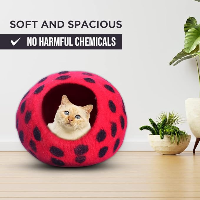 Woolygon Premium Felt Cat Cave Bed – Wool Kitty Beds Handcrafted Kitten Caves Bed for Indoor Cats - Made from Merino Wool, Foldable Cat Hideaway Covered Cat House Pod (Red Polka)