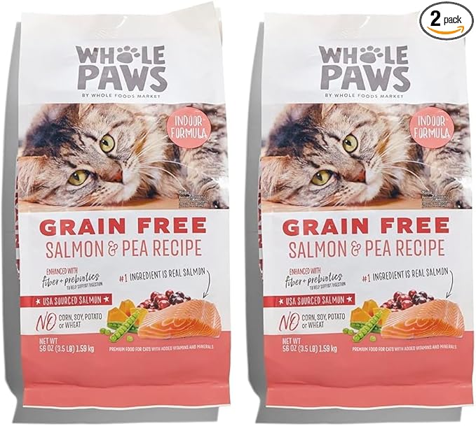 Whole Paws, Grain-Free Dry Cat Food, Salmon & Pea Recipe, Enhanced with Fiber & Prebiotics, Indoor Formula, 3.5 lb (Pack of 2)