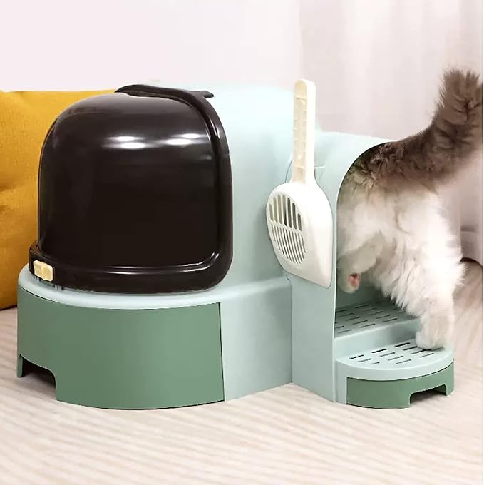 Cat Litter Box, Front Entry Cat Litter Box with Lid, Covered Kitten Litter Tray,Corridor-Type Odor-Proof Litter Box with Sand Drawer Including Cat Litter Scoop (Color : Green)