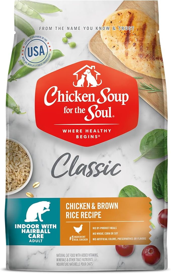 Chicken Soup for The Soul All Natural Premium Indoor w/Hairball Care Adult Dry Cat Food, Real Meat First Ingredient, No by-Products, Supports Intestinal Health, Chicken & Brown Rice, 12lb