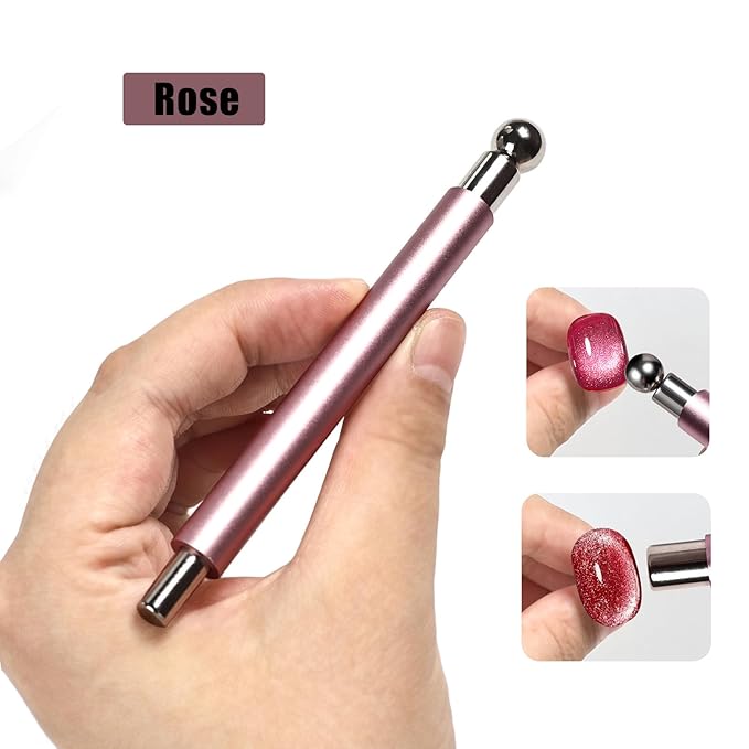 MEILINDS Cat Eye Magnet for Nails, Double-head Magnet Wand with Round Nail Magnet Beads Nail Polish Magnet Pen Magnetic Cat Eye Gel Polish Nail Design Tool for Home DIY, Salon, Rose Gold