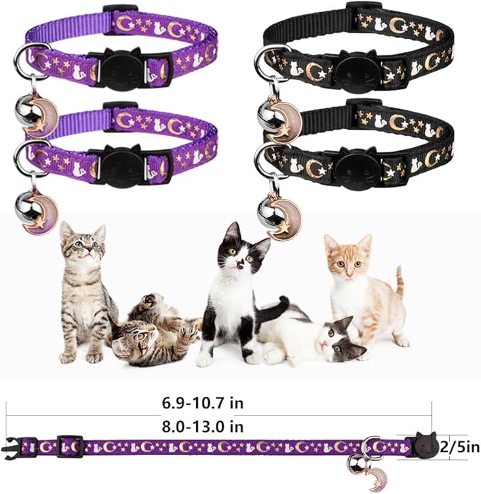 4PCS Cat Collar with Bells,Breakaway Cat Collars,Kitten Collar with Bell Moons Stars Cute Kitty Safe Kitten Collars with Pendant,Cat Collars for Boy Cats 6.9-10.7 Inch(2 Black & 2 Purple)