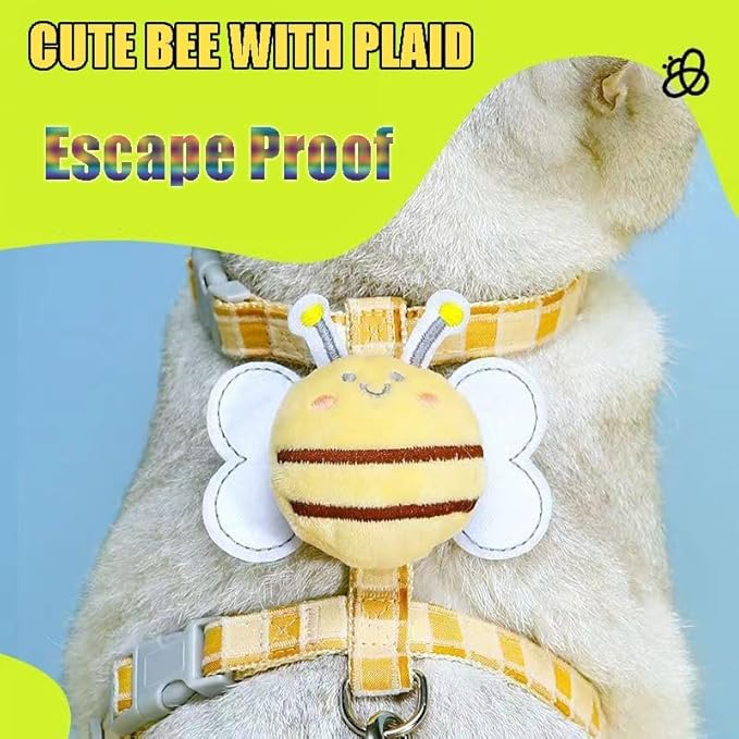 Cat Harness & Leash Set, Cats Escape Proof - Adjustable Kitten Harness for Large Small Cats, Cute Bee Plaid Lightweight Soft Petsafe Harness (Yellow Plaid Bee, S (for 3.0-6.5lb))