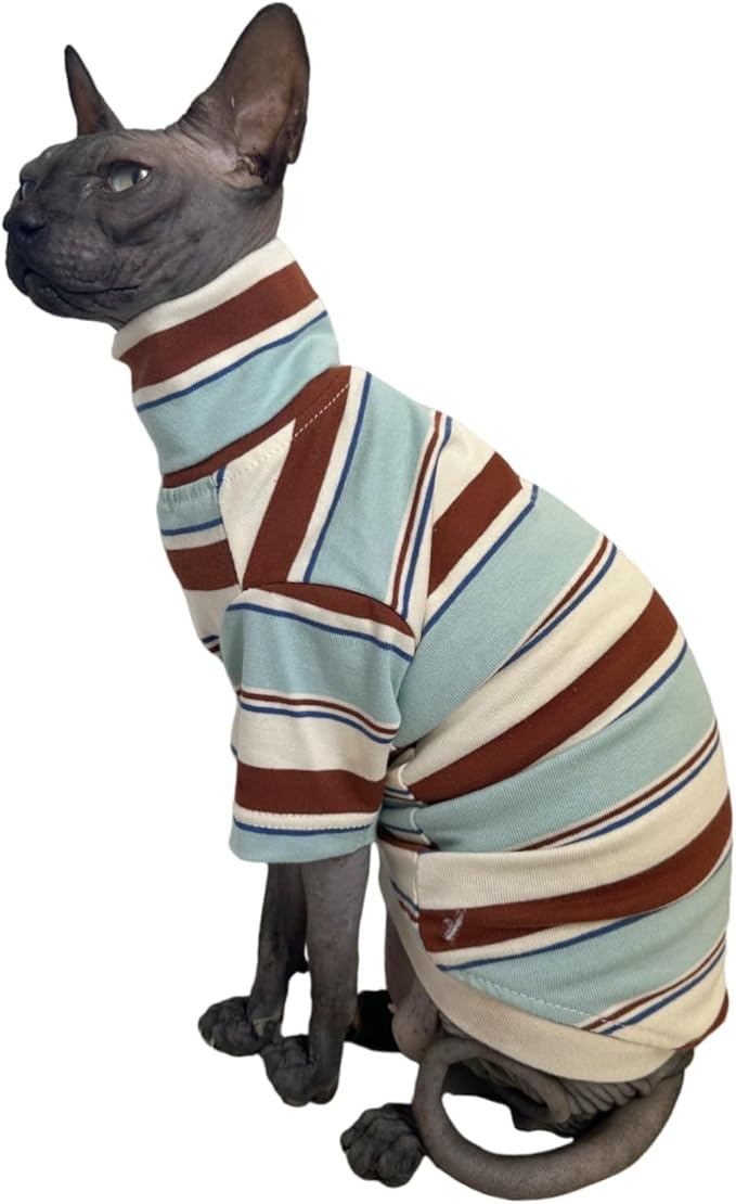 Vintage Stripes Sphynx Hairless Cats Shirt Cotton Cat Turtleneck Pet Clothes Kitten T-Shirts with Sleeves for Sphynx Cornish Rex, Devon Rex, Peterbald (Mint Brown, Small (Pack of 1))
