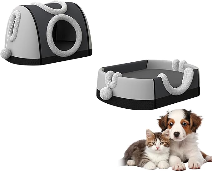 Enclosed House & Open Bed for Indoor Cats,Constant Modifiable Puss Bed with Removable Top Winter Season Double Manner Plan Revertible Pillow,Multi-Functional Pet Furniture with Scratch Pad