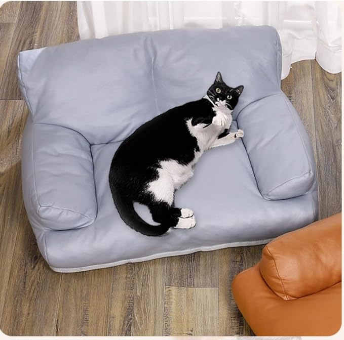 Pet Dog Cat Sofa and Chair PU Leather,Couch Soft Calming Pet Beds for Medium Small Cats and Dogs,Pet Furniture Cat Beds (Gray, Medium)