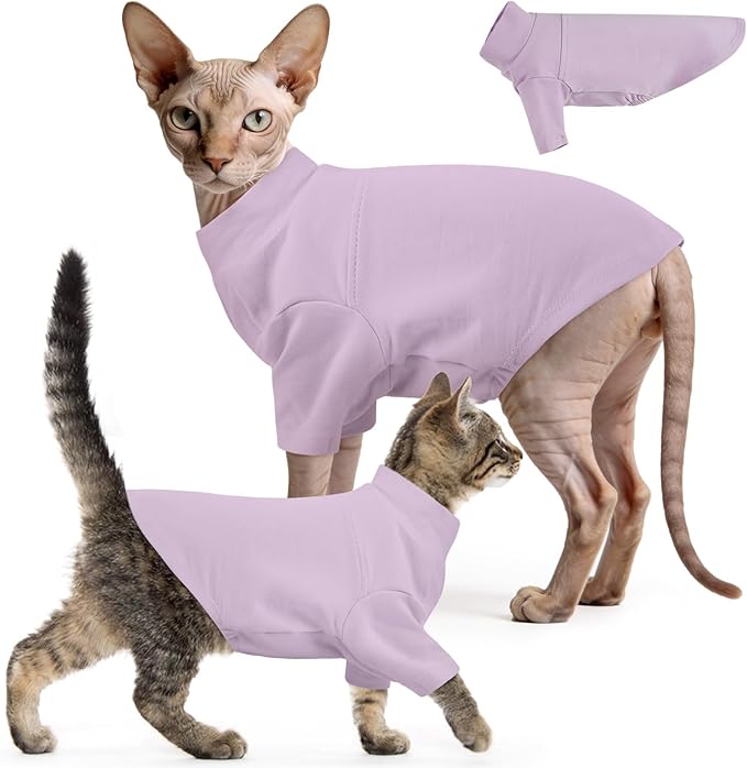 Sphynx Hairless Cat Clothes, Soft Cotton Pullover Turtleneck Shirt with Sleeves for Kitten Puppy Small Dogs, Cat Pajamas for All-Season - Purple XL