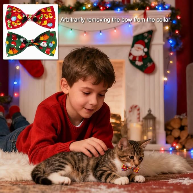 Christmas Cat Collar 2 Pack - Red & Green Breakaway Safety Collars with Bell and Bow Tie for Cats and Kittens