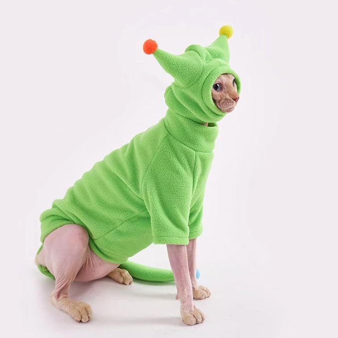 Sphynx Cat Clothes, Warm Cat Jumpsuit with Hat and Tail Cover, Full Set for Hairless Cats, Cornish Rex and Devon Rex (Green, L(6.5-8lbs))