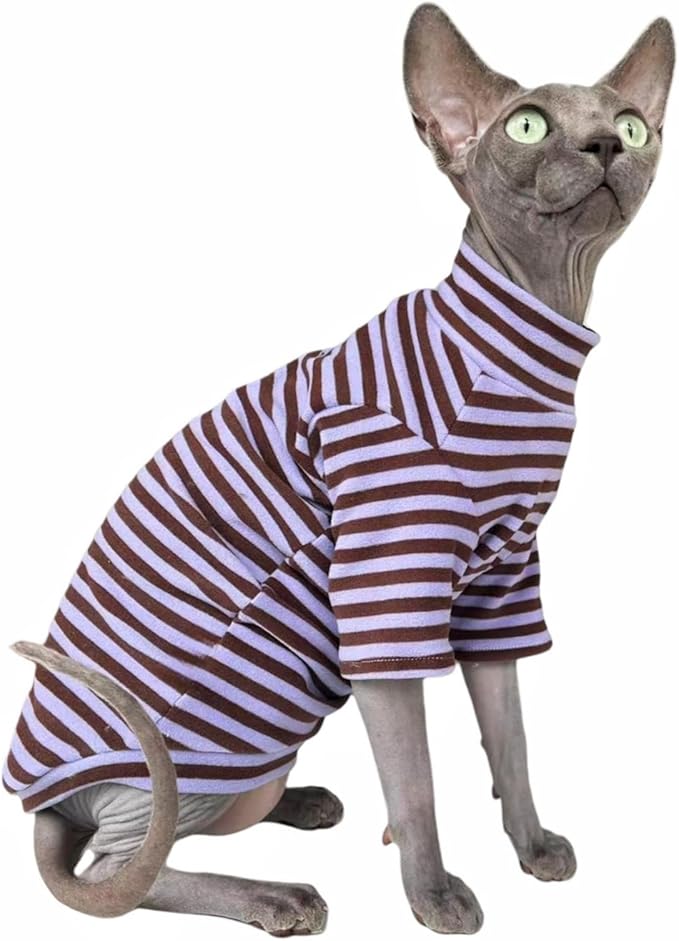 Sphynx Cats Warm Fleece Shirt Turtleneck Undershirt Thermal Hairless Cat Clothes for Sphynx, Devon, Cornish Cats Clothes and Small Kitten and Dogs (Violet & Brown, M (5.5-7 lbs))
