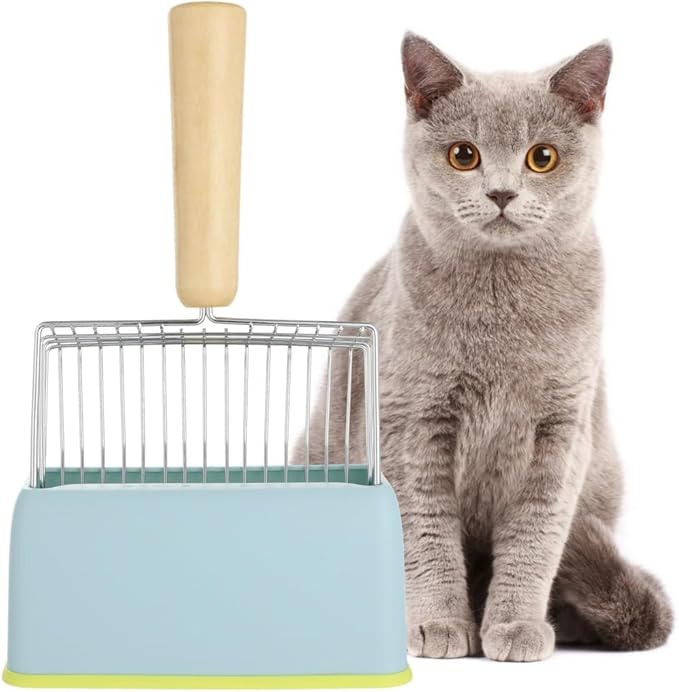 Cat Litter Scoop with Abs Holder and Stand, Metal Poop Scooper Set with Wooden Handle for Litter Box Cleanup