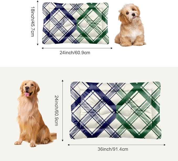 Green Blue Plaid Pet Dog Cage Mat Non Slip Bottom Cat Warming Pad Cozy Soft Dog Car Beds Pet Friendly Furniture Printed Mats Gift Chew Proof Bed 24× 18 Inch Indoor Outdoor