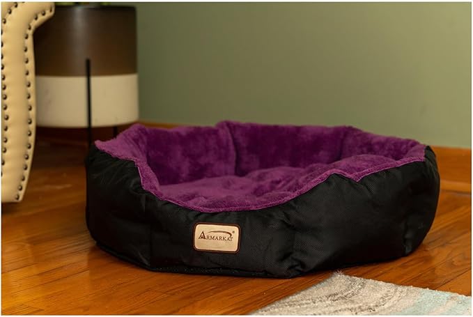 HomeStock Soft Cat Bed - Plush Velvet Round Bed, 23.5" - Bolstered Walls, Machine Washable - Mulberry/Black