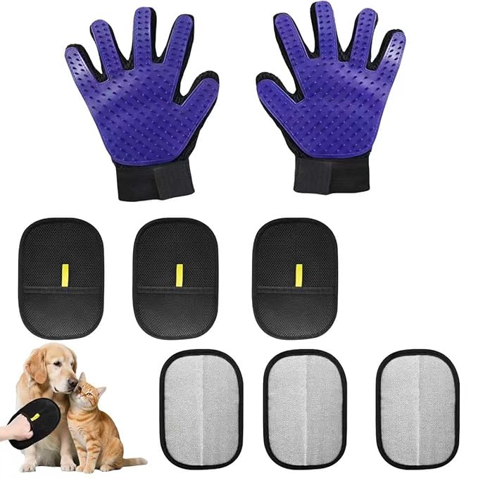 8 Pcs Pet Grooming Gloves for Shedding – 6x Reusable Cat & Dog Hair Removal Gloves+ 1 Pair 2-in-1 Deshedding Brush & Massage Mitt – Safe for Dogs & Cats, Efficient (Blue)