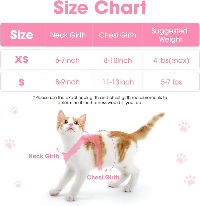 Cat Harness and Leash Set for Walking Escape Proof, Soft Adjustable Kitten Harness Breathable Mesh with Reflective Strips Harness for Kitty Puppy Bunny(Pink,S)