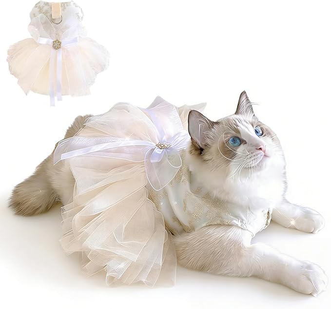 Princess Dog Wedding Dress - Embroidered Gown with Fluffy Tutu Skirt & Leash D-Ring, Formal Party Outfit for Small Dogs & Cats Like Chihuahua Yorkie (White Bow-Princess, Small)