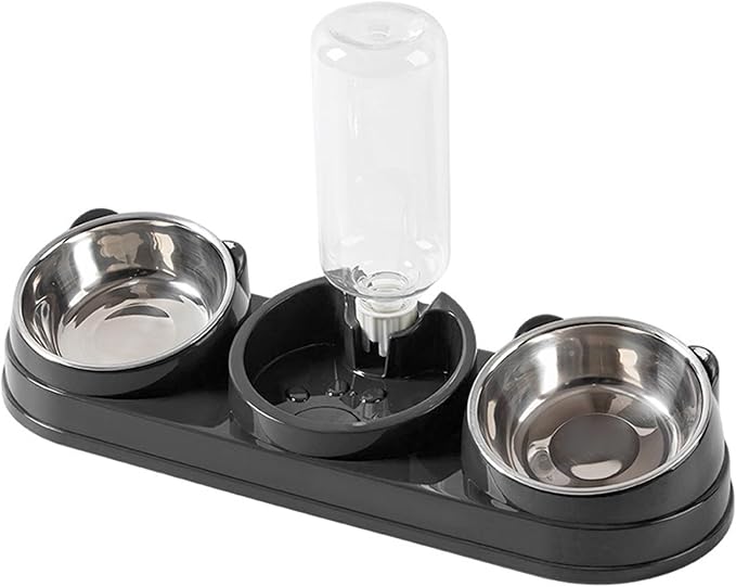 Cat Food and Water Bowl Set, 3 Bowl Cat Feeding Station with Automatic Water Dispenser, Elevated Tilted Bowls for Easy Eating, Black..