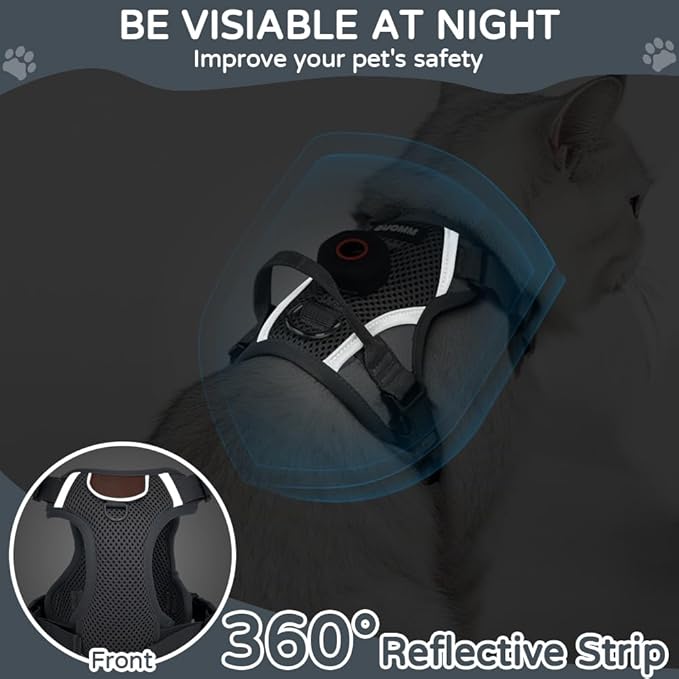 Cat Harness and Leash Set with Holder Compatible with AirTag, Upgraded Escape Proof Kitten Harness with Lead for Large Adult Cats, Soft Mesh Jacket Vest for Walking, Reflective & Adjustable, Grey, M