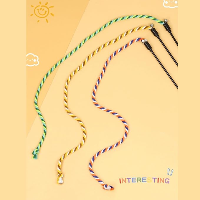 KABASI 3PCS Cat String Wand Toys, Colorful Interactive Cats Teaser Wand with Bell, Plush Srtip Teaser Toy Cat Rope Stick for Indoor Kitten Having Fun Exerciser Playing