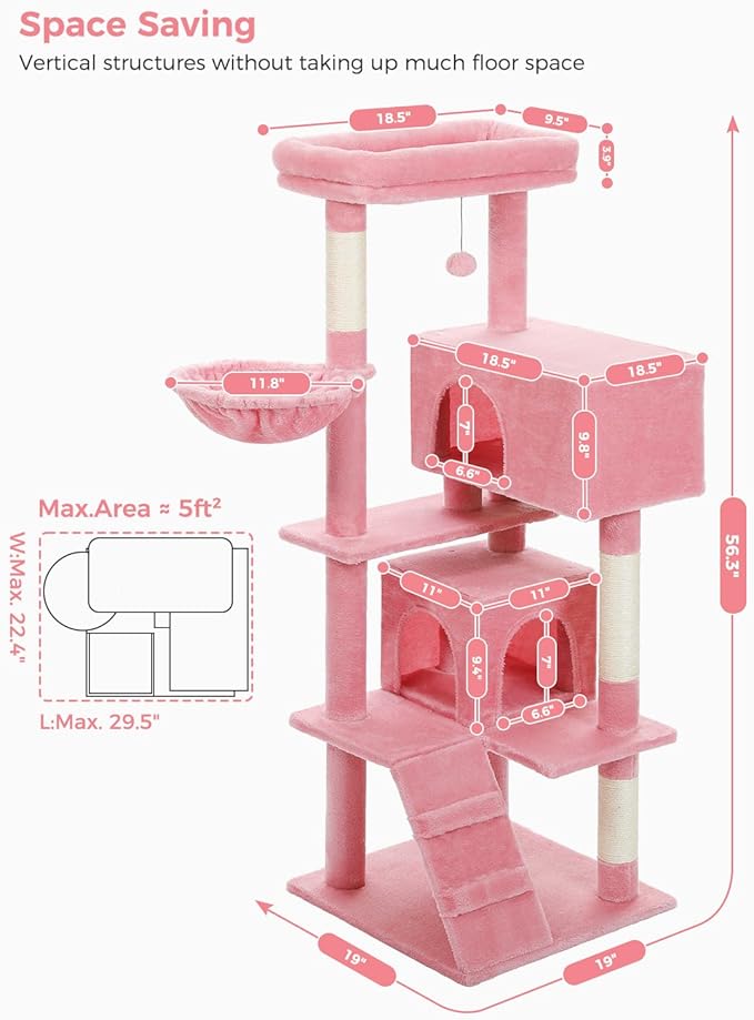 MUTTROS Pink Cat Tree for Large Cats with Super Large Top Perch,56.2" Multi-Level Tower for Indoor Cats with Hammock, Cat Shelves with Scratching Posts and 2 Condos Houses, Pink