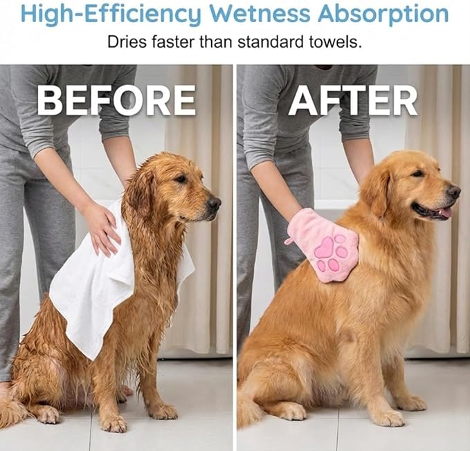 SENOY Paw Bathing Towel for Cats, Washable Reusable Coral Fleece Pet Drying Glove, Quick-Absorbent Cat Bathing Supplies with Hanging Loop, Soft Grooming Towel for Dogs & Cats (Pink-2pcs)