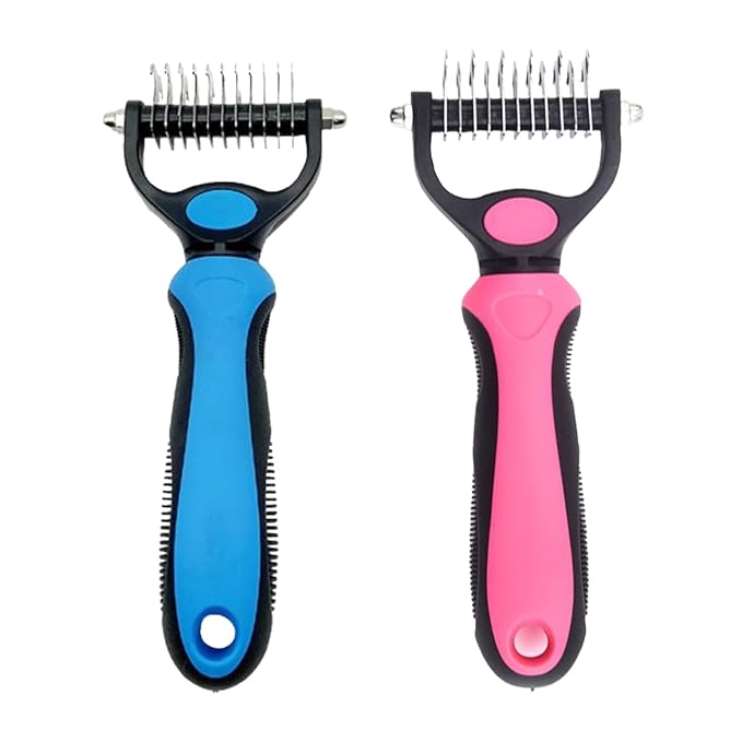 Vivanchor Pet Pro, Dual-Sided Pet Pro Grooming Tool, Cat Brush Rake and Long Haired Dog Brushes, Pets Knotter Dogs and Cats for Grooming Hair Pets Tools (Blue+Rose red A, 2PCS)