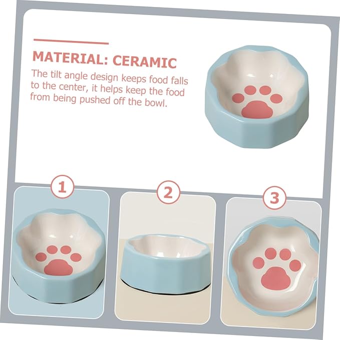 TOYANDONA Ceramic Pet Bowl Tilted Cat Dish Small Blue Slanted Dog Feeder Bowl with Animal Paw Print for Cats and Dogs Feeding and Watering Supplies