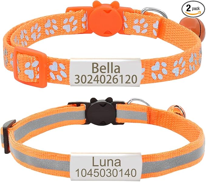 Personalized 2 Pack Reflective Cat Collar,Custom Breakaway Cat Collars with Name Tag and Bell,Anti-Lost Nameplate Cat Collar for Girls & Boys(Orange,fit 8''-11.0'')