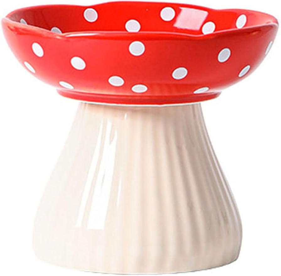 Mushroom Elevated Cat Bowls Ceramic, Raised Cat Bowl for Indoor Cats, Cute Whisker Fatigue Cat Bowl, Raised Dog Bowls Stand for Food and Water, Red 6" Wide for Adult Cats