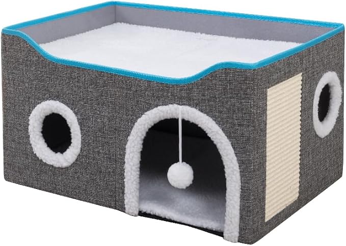 Large Cat Hideaway,Foldable Cat Scratcher House,Big Cat Bed for Idoor, Cute Cave with Ball Toy,Fabric Pet Furniture,Big Condo for Multi Small Pet Large Kitten Kitty (Grey,Rectangle)