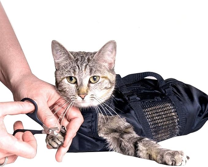 Tissting Cat Grooming Bag for Nail Trimming & Bathing - 18.11x9.45in Adjustable Breathable Mesh Restraint Bag with Zipper Openings, Anti Scratch Pet Grooming Holder for 6-8 Pounds Gentle Cat