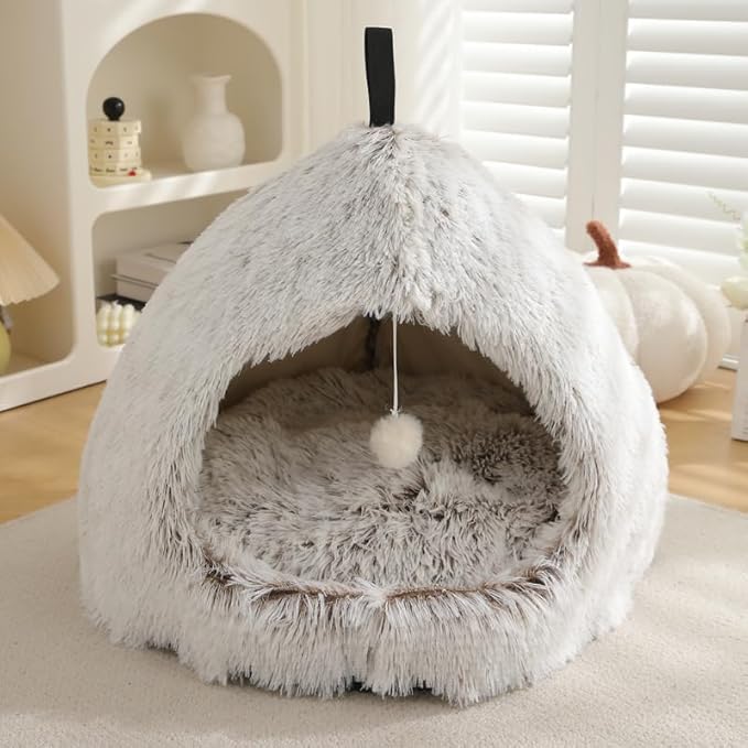 Hezotco Large Cat Cave Bed for Cats, Soft Fluff Indoor Dog Cave Bed& Cat Cave for Small Dogs. Pet Cave for Puppy with Cat Teasing Ball 22.8"*18.5"*22.8"(Coffee+White)